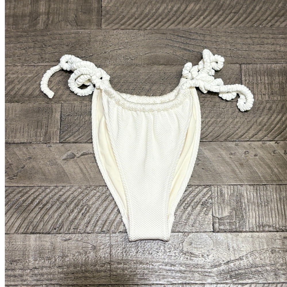 Aerie Cheekiest Bikini Bottom Cream Textured High Cut Rope Side Tie NWT Small